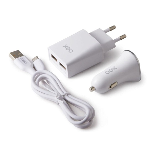 Jogo 3 em 1 Lightning Oex Carregador automotivo + carregador tomada + cabo Branco KV101