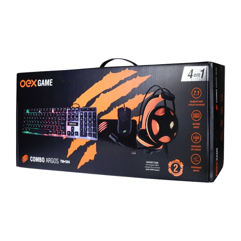 Encontraproduto.com.br - Kit Gamer Combo Argos Teclado +Mouse +Headset + Mousepad Oex