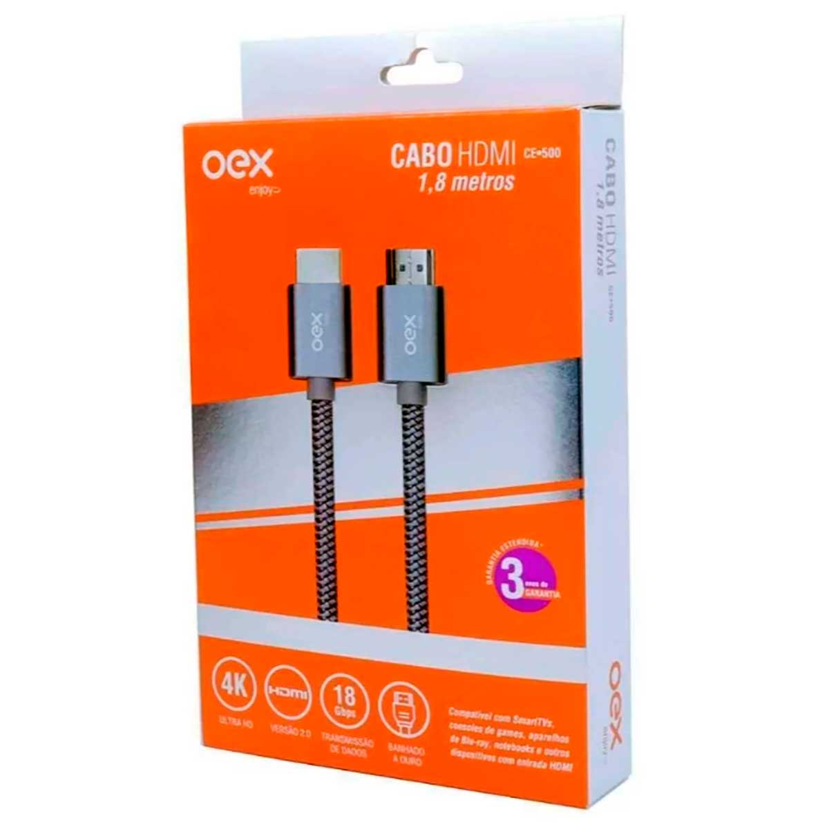 Encontraproduto.com.br - Cabo Hdmi 2.0 Ultrahd Nylon Banhado Ouro 1.8 Metros Oex Ce500 - Preto