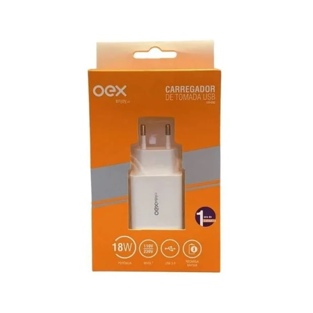 Encontraproduto.com.br - Carregador de Tomada OEX Turbo Entrada USB, 18W, Branco