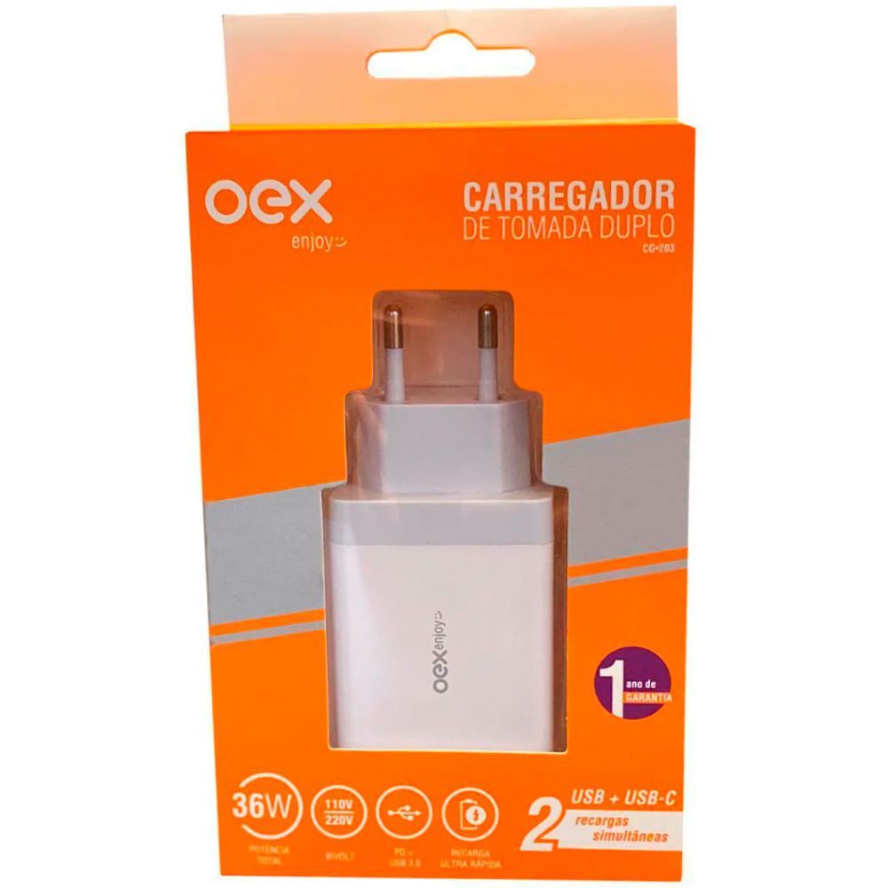 Encontraproduto.com.br - Carregador de Tomada Duplo 36W USB e USB-C CG203 - OEX