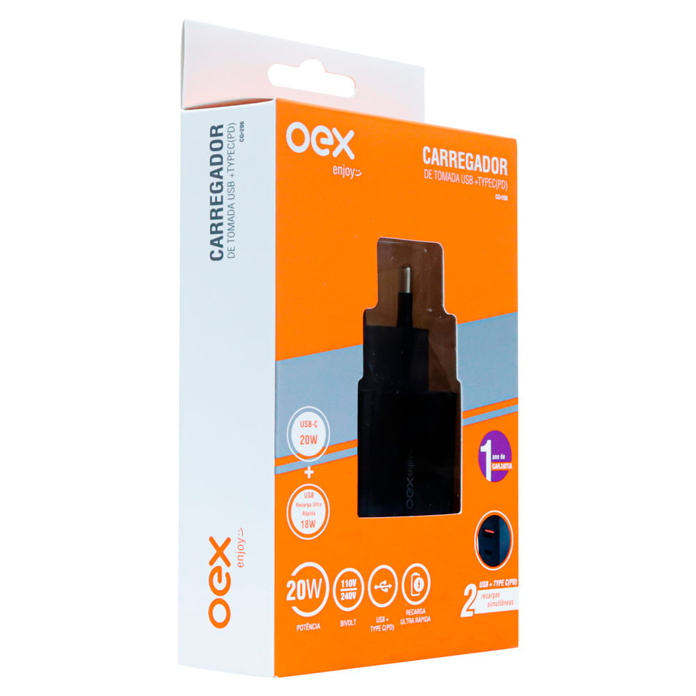 Encontraproduto.com.br - Carregador Oex de Tomada Usb + Tipo C CG206 Preto