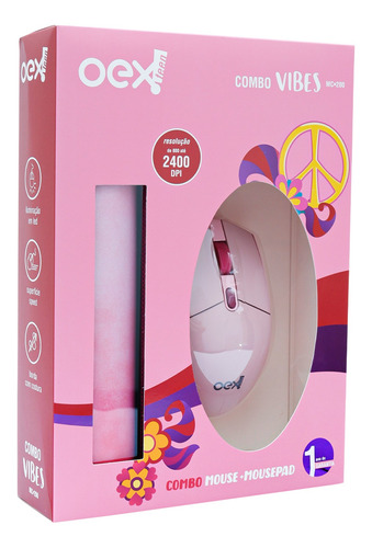 Mouse E Mousepad - Combo Vibes Mc200 Oex Rosa 2400 Dpi Usb Cor Branco