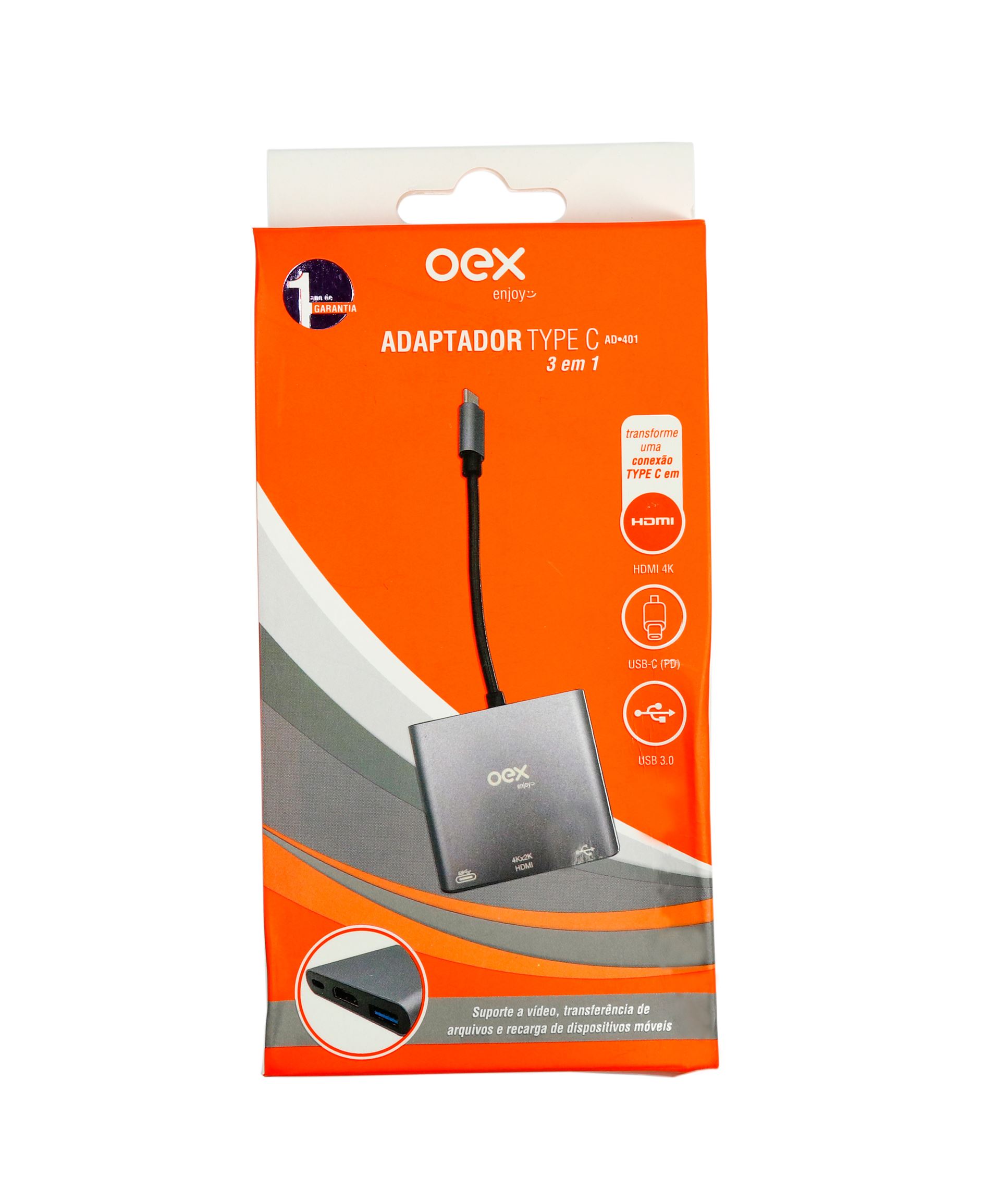 Encontraproduto.com.br - Adaptador Tipo C para HDMI USB-C 3 em 1 OEX AD401