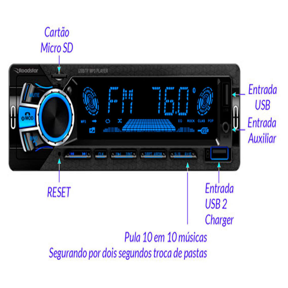 Encontraproduto.com.br - Auto Rádio RoadStar RS-2751BR com Bluetooth USB frontal e rádio - Preto