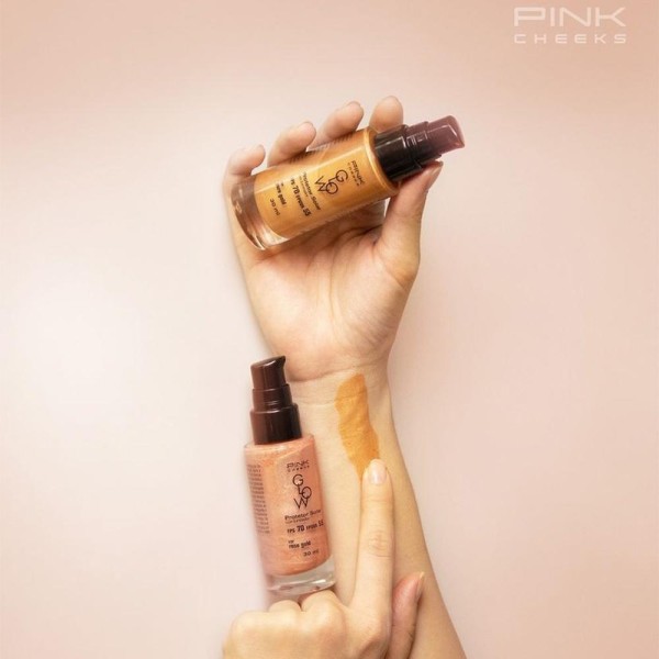 Encontraproduto.com.br - Protetor Solar Facial com Iluminador Pink Cheeks Glow FPS 70 FPUVA 55 Pure Gold 30 ml