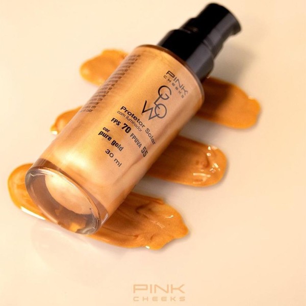 Encontraproduto.com.br - Protetor Solar Facial com Iluminador Pink Cheeks Glow FPS 70 FPUVA 55 Pure Gold 30 ml