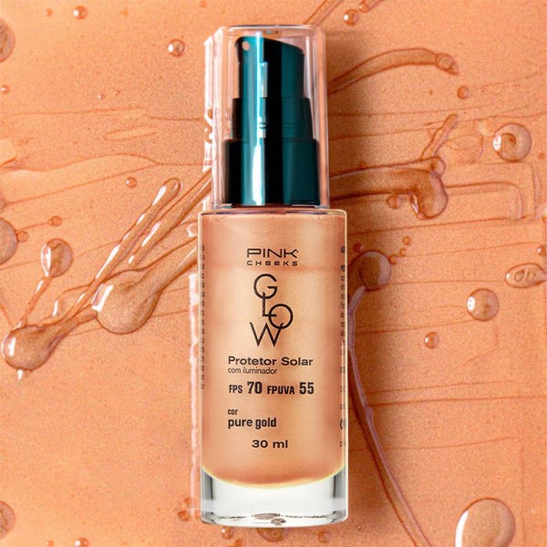 Encontraproduto.com.br - Protetor Solar Facial com Iluminador Pink Cheeks Glow FPS 70 FPUVA 55 Pure Gold 30 ml
