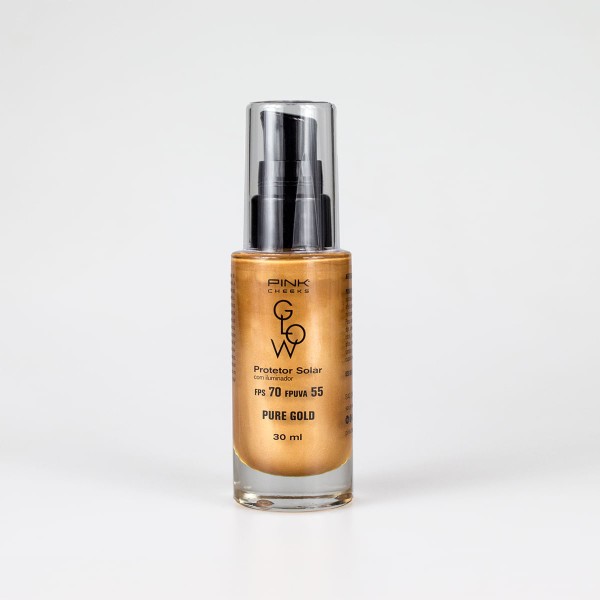 Encontraproduto.com.br - Protetor Solar Facial com Iluminador Pink Cheeks Glow FPS 70 FPUVA 55 Pure Gold 30 ml