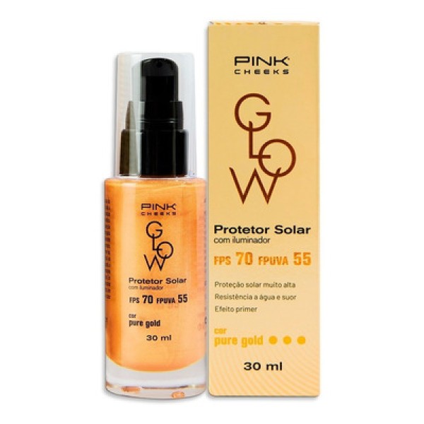 Encontraproduto.com.br - Protetor Solar Facial com Iluminador Pink Cheeks Glow FPS 70 FPUVA 55 Pure Gold 30 ml