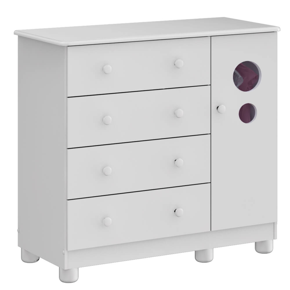 Encontraproduto.com.br - Cômoda Bolinha Peroba com 4 Gavetas e 1 Porta com Visor - Branco