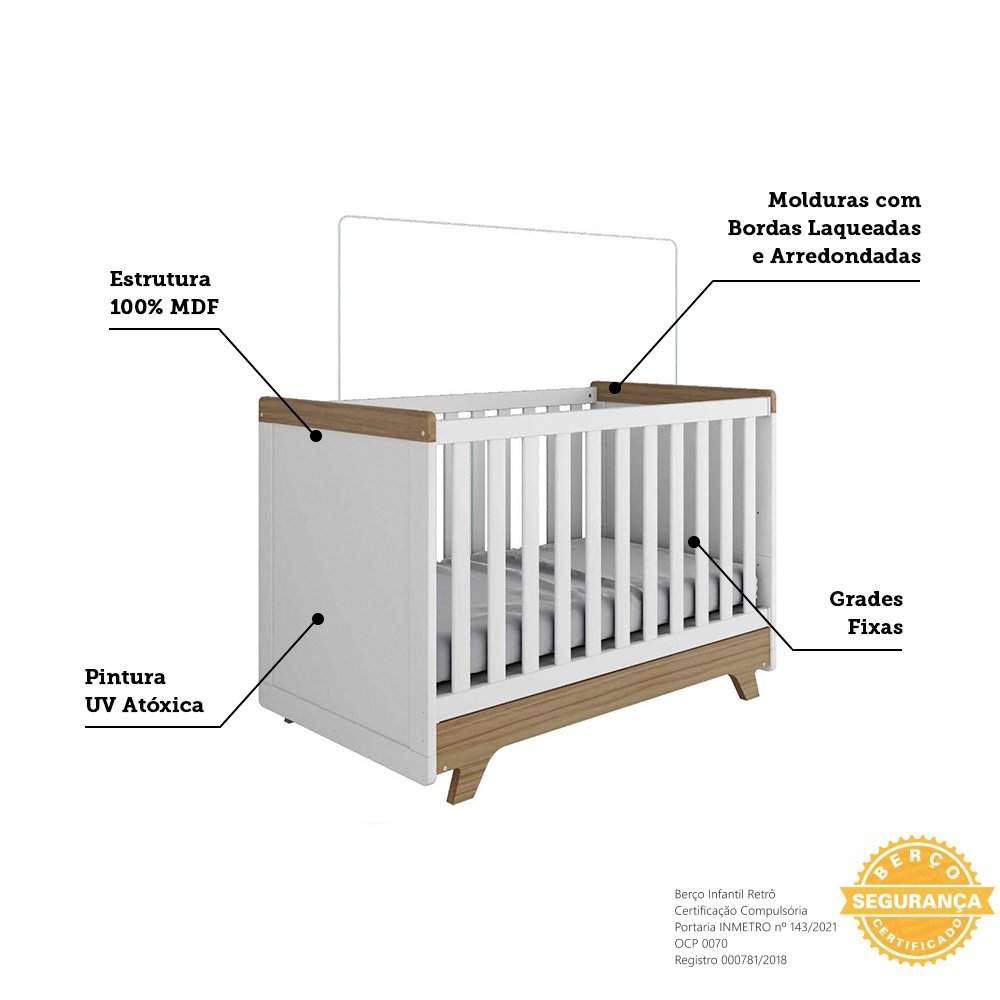 Encontraproduto.com.br - Quarto de Bebê Completo Berço Guarda-Roupa e Cômoda Lisa Retrô MDF Móveis Peroba