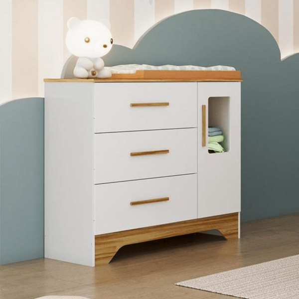 Encontraproduto.com.br - Cômoda 3 Gavetas e 1 Porta Peroba Popy Retrô Lisa Branco e Carvalho