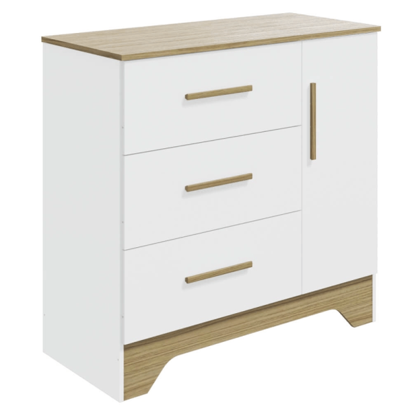 Encontraproduto.com.br - Cômoda 3 Gavetas e 1 Porta Peroba Popy Retrô Lisa Branco e Carvalho