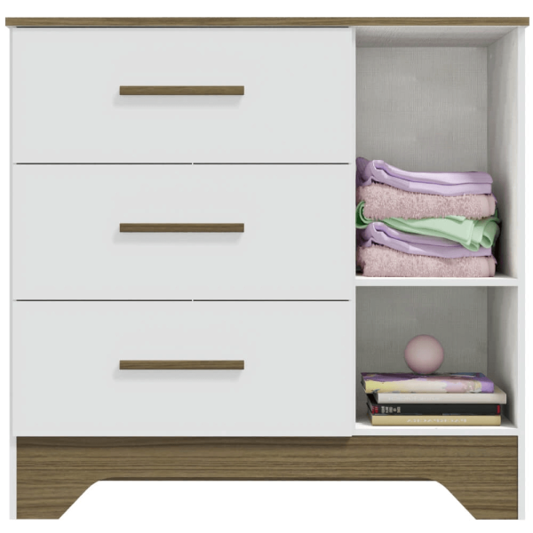 Encontraproduto.com.br - Cômoda 3 Gavetas e 1 Porta Peroba Popy Retrô Lisa Branco e Carvalho