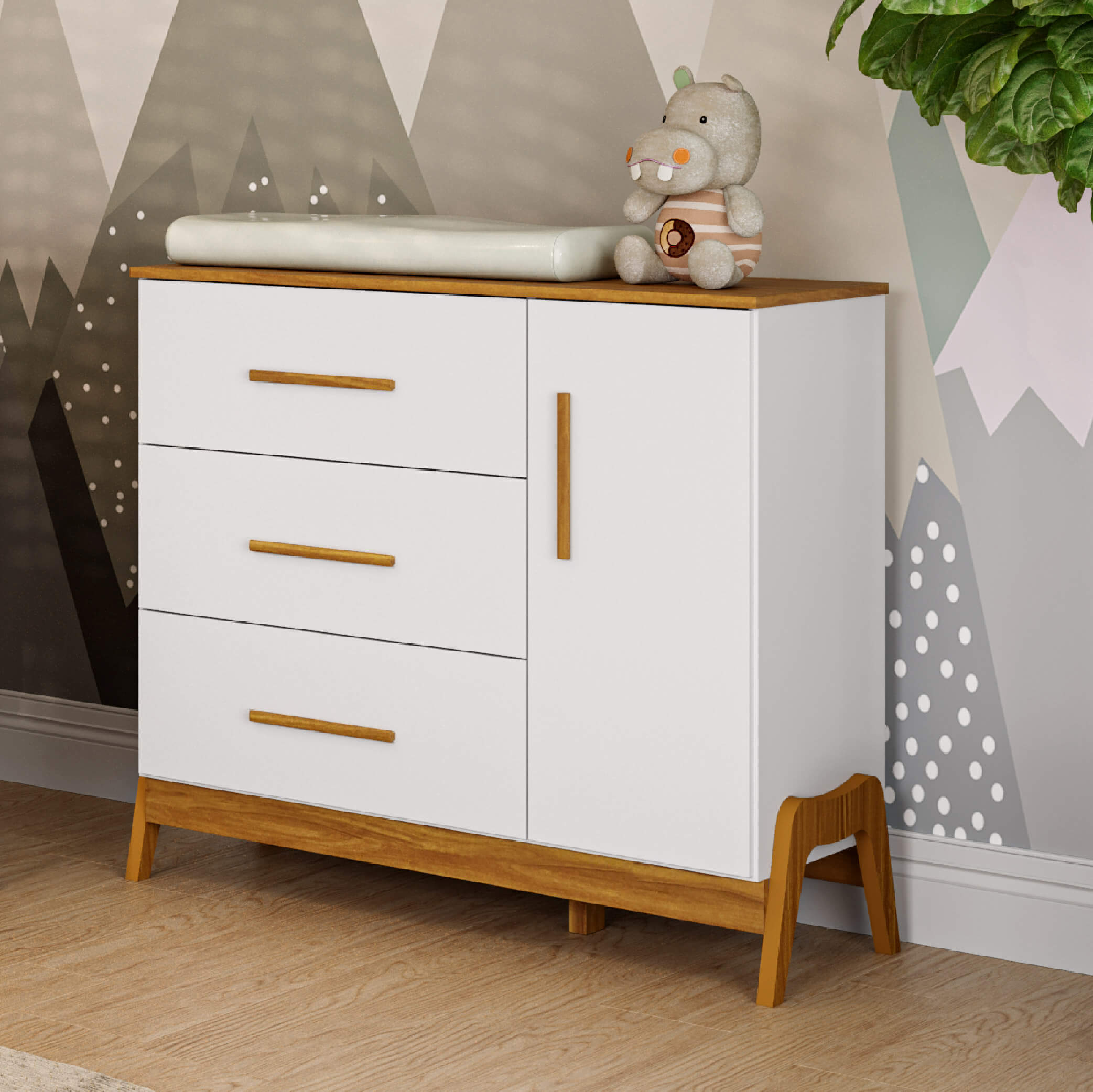 Encontraproduto.com.br - Cômoda Guti Peroba com 3 Gavetas e 1 Porta - Branco/Amêndoa