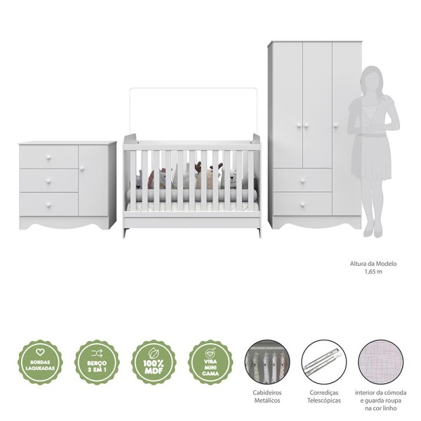 Encontraproduto.com.br - Quarto de Bebê Completo com Guarda Roupa 3 Portas Cômoda e Berço Americano 3 em 1 Ben Branco Brilho