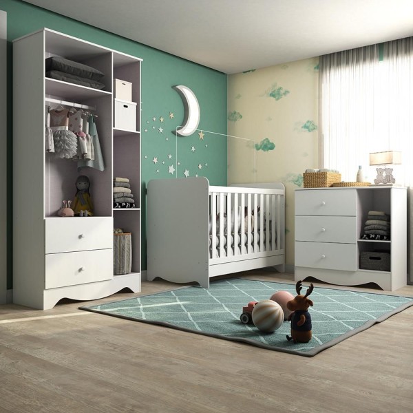 Encontraproduto.com.br - Quarto de Bebê Completo com Guarda Roupa 3 Portas Cômoda e Berço Americano 3 em 1 Ben Branco Brilho
