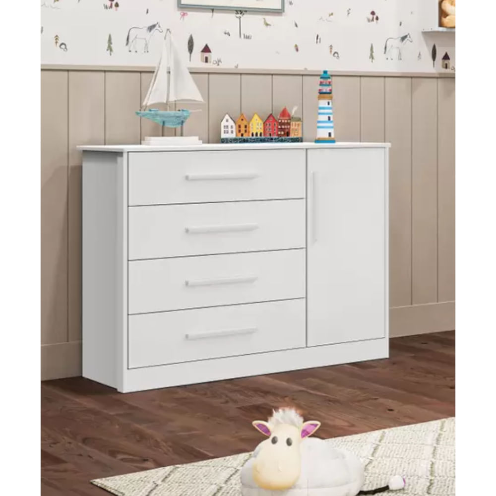 Encontraproduto.com.br - Cômoda Peroba Charlô Lisa com 4 Gavetas e 1 Porta - Branco
