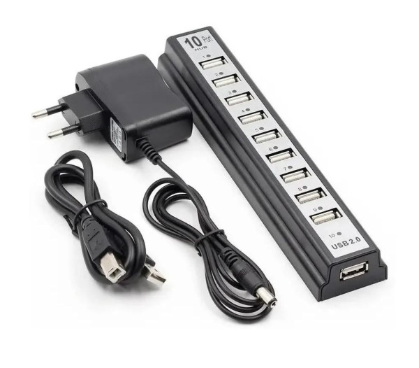 Encontraproduto.com.br - Hub Com 10 Portas Usb 2.0 + Fonte Alimentação Serve P/ Pc Notebook