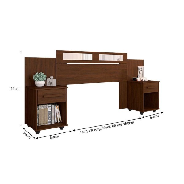 Encontraproduto.com.br - Cabeceira De Solteiro Casal Extensível Jade Com 2 Mesas De Cabeceira Imbuia - Cor: Marrom