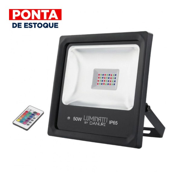 Encontraproduto.com.br - Refletor LED Bivolt 50W RGB Com Controle 130 Graus Preto IP65 Luminatti