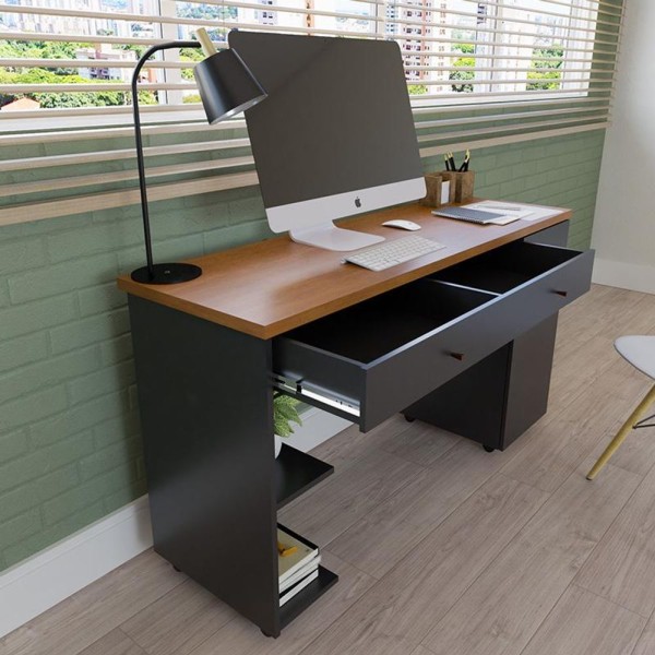 Encontraproduto.com.br - Escrivaninha Com 1 Porta E 2 Gavetas Mel/preto Mel/preto