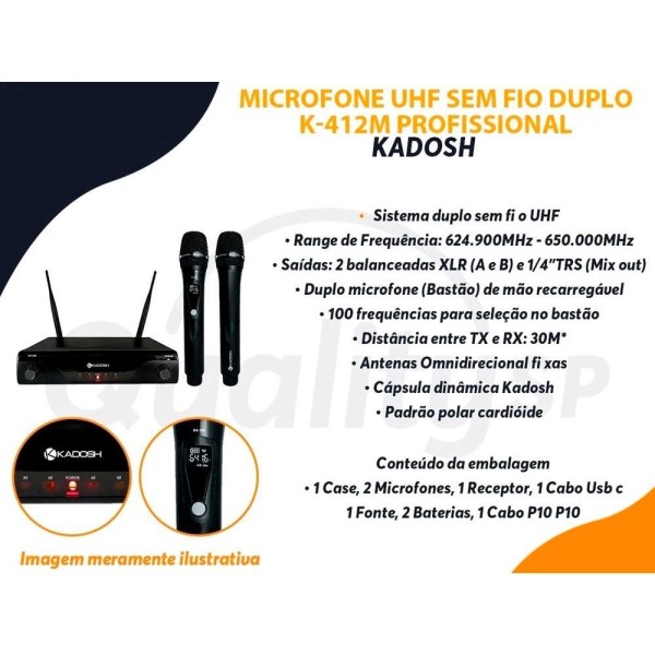 Encontraproduto.com.br - Microfone Kadosh S- Fio Duplo K-412m Uhf C- Bateria Recarregável - Ac1951