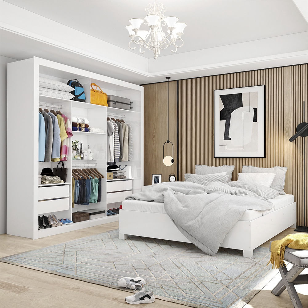 Encontraproduto.com.br - Quarto Completo De Casal Com Closet Clarice 4 Gavetas E Cama Paula Carioca Móveis Branco