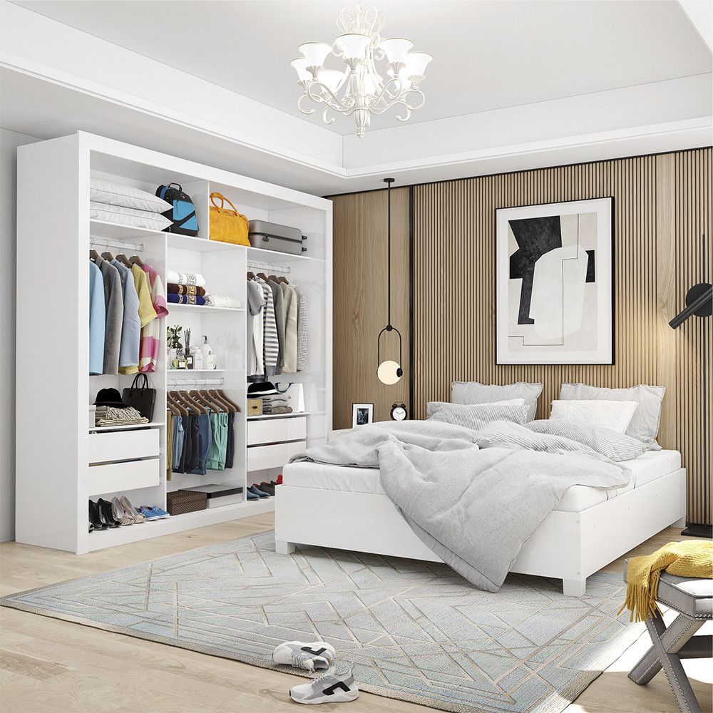 Encontraproduto.com.br - Quarto Completo De Casal Com Closet Clarice 4 Gavetas E Cama Paula Carioca Móveis Branco