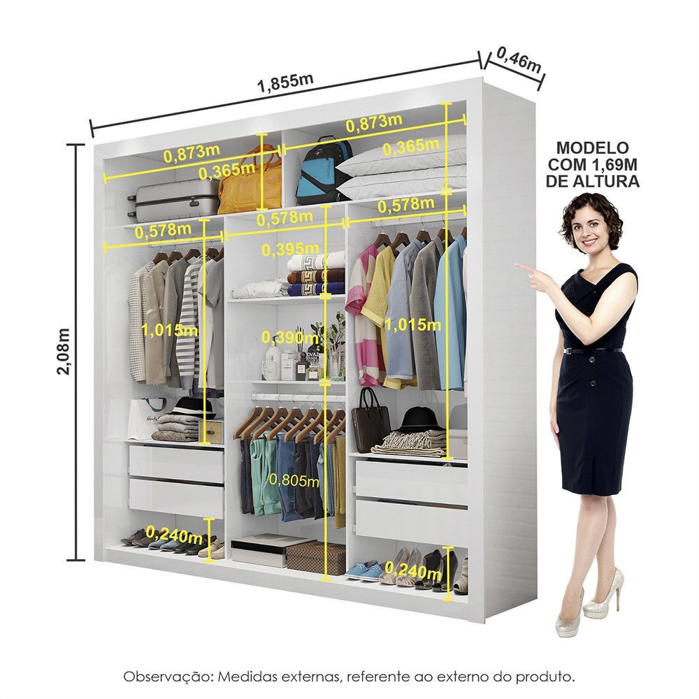 Encontraproduto.com.br - Quarto Completo De Casal Com Closet Clarice 4 Gavetas E Cama Paula Carioca Móveis Branco