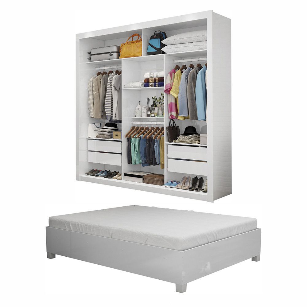 Encontraproduto.com.br - Quarto Completo De Casal Com Closet Clarice 4 Gavetas E Cama Paula Carioca Móveis Branco