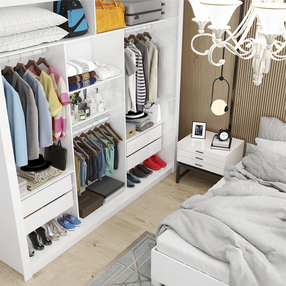 Encontraproduto.com.br - Quarto Completo De Casal Com Closet Clarice 4 Gavetas E Cama Paula Carioca Móveis Branco