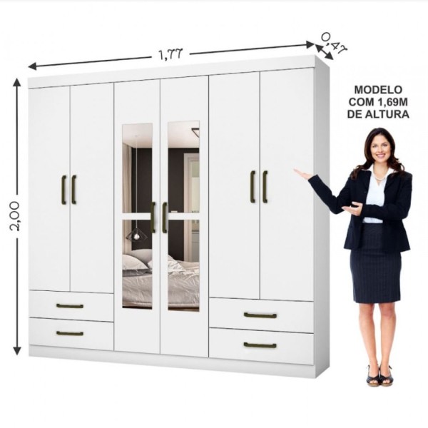 Guarda Roupa Casal Lu 6 Portas 4 Gavetas Com Espelho Carioca Móveis
