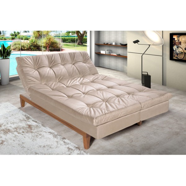Sofá Cama Versátil 3 Lugares Império Reclinável Casal Pés Madeira Espuma Especial D33 Suede Areia 376