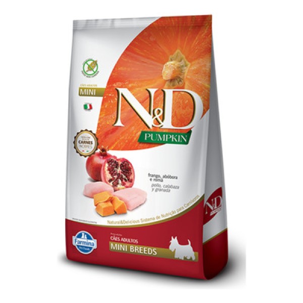 Ração N&D Pumpkin para Cães Adultos Raças Mini sabor Frango, Abóbora e Romã 800gr