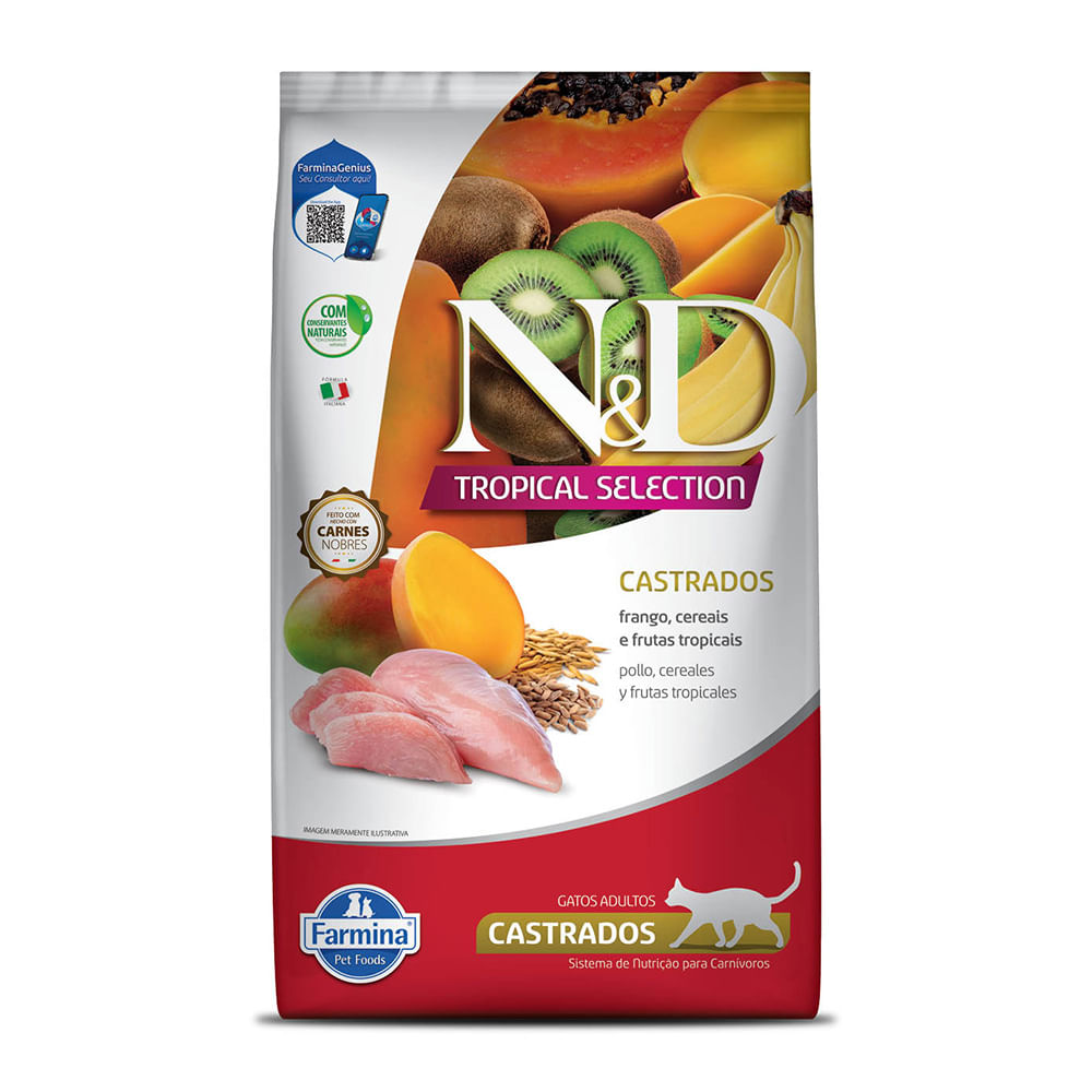 Ração Seca N&D Tropical Selection para Gatos Adultos Castrados Sabor Frango, Cereais e Frutas Tropicais 1,5kg