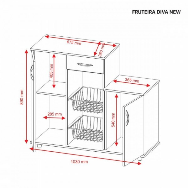 Encontraproduto.com.br - Fruteira Diva New com 2 Portas e 1 Gaveta Notável - Nogal Trend com Branco