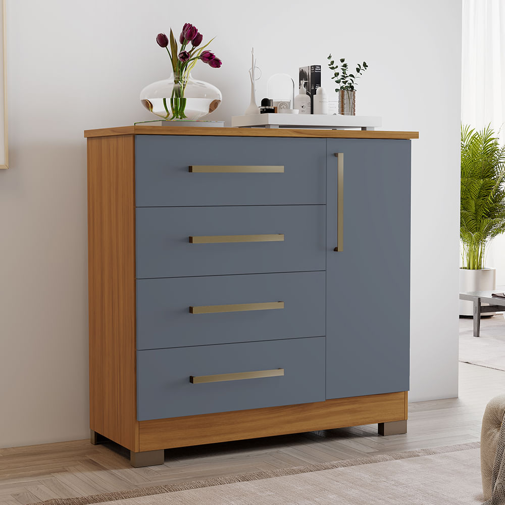 Cômoda Balcão Gaveteiro 4 Gavetas 1 Porta Quarto Home Office Organizador Multiuso Cinza Marrom