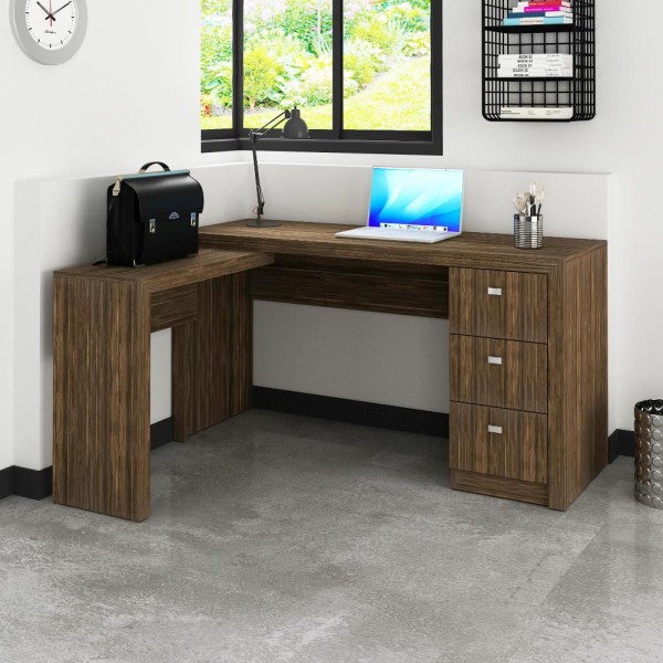 Encontraproduto.com.br - Mesa de Escritório em L 3 Gavetas - Nogal