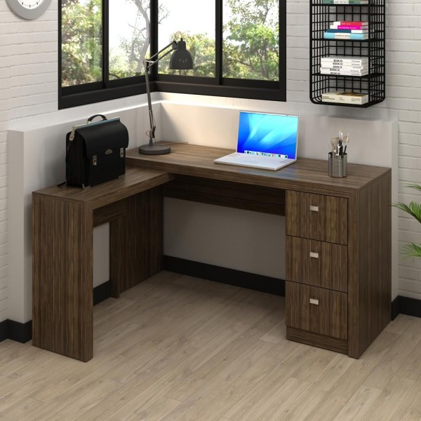 Encontraproduto.com.br - Mesa de Escritório em L 3 Gavetas - Nogal