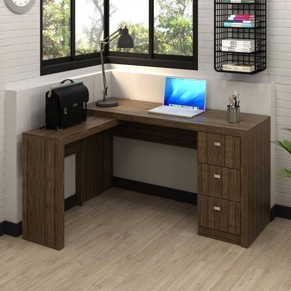 Encontraproduto.com.br - Mesa de Escritório em L 3 Gavetas - Nogal