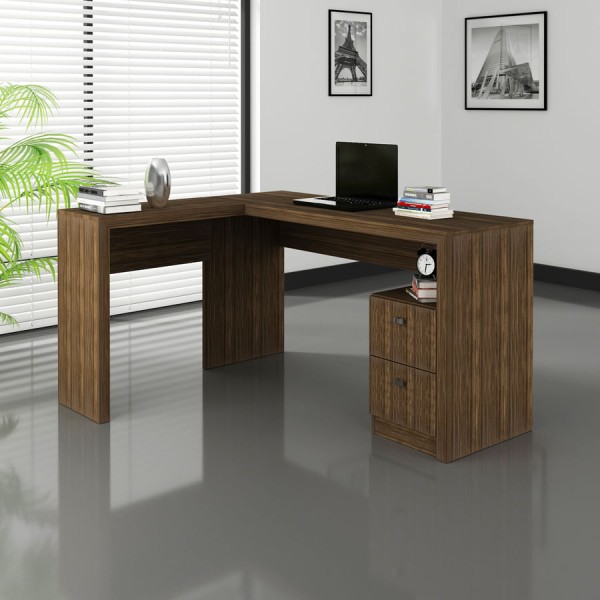 Encontraproduto.com.br - Mesa de Escritório em L com 2 Gavetas - Nogal