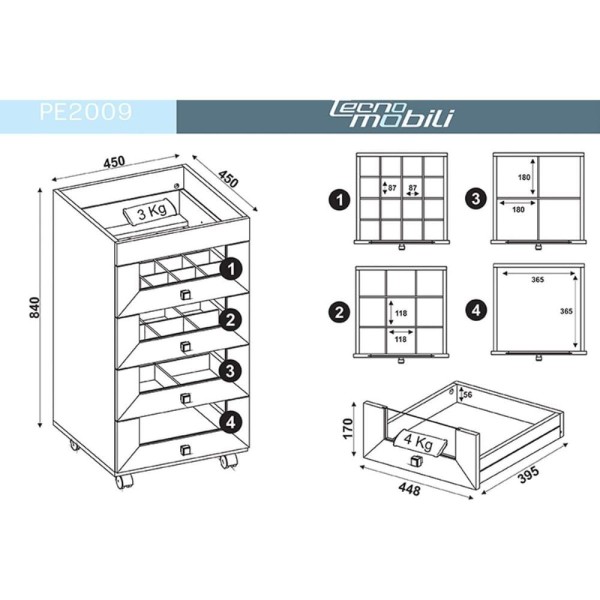 Encontraproduto.com.br - Gaveteiro p/ Escritório PE2009 c/ 4 Gavetas e Rodízios Branco - Tecno Mobili