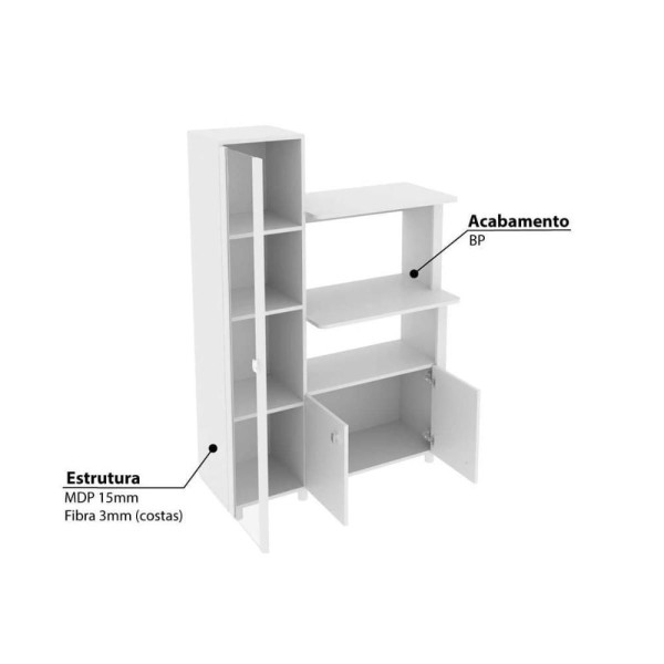 Encontraproduto.com.br - Balcão Multiuso Cozinha Bl-3304 C/ 3 Portas E Nicho P/ Microondas 96cm Branco - Tecno Mobili