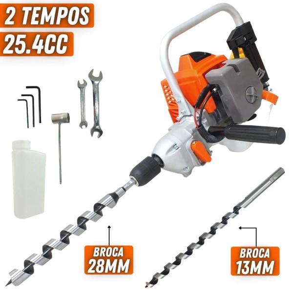 Encontraproduto.com.br - Furadeira De Mourão Profissional à Gasolina Com Reversor 2T 25,4CC VF500 Broca 28 mm Vulcan