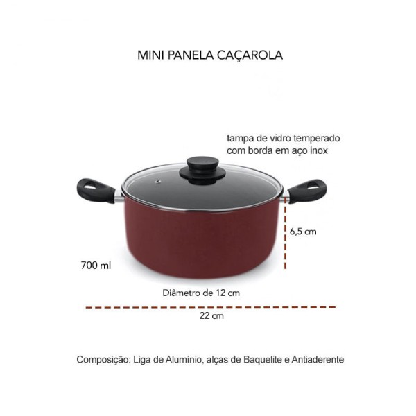 Encontraproduto.com.br - Mini Panela Caçarola Vermelha Antiaderente Pequena Tampa Kids