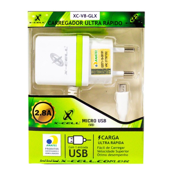 Encontraproduto.com.br - Carregador V8 Micro Usb 2.8A Com 1 Usb Xc-V8 Glx
