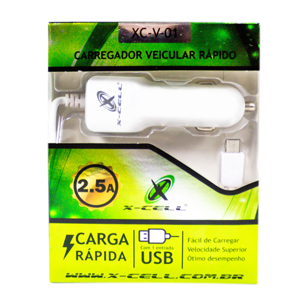 Carregador Veicular Micro Usb B8 1 Porta Usb 2.5A Bco Xc-V-01-B