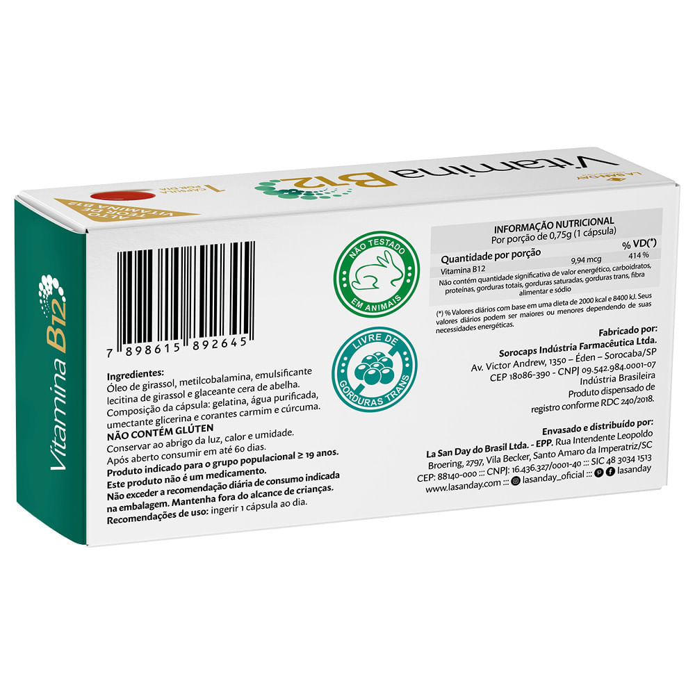 Encontraproduto.com.br - Vitamina B12 750mg Lasanday Com 30 Capsulas Softgel